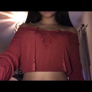 off the shoulder blouse with tassels